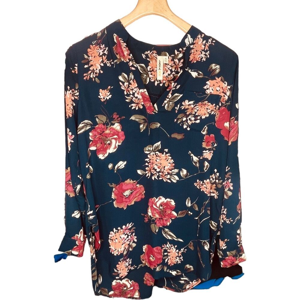 Lara | Navy Floral Print V-Neck Long Sleeve Blouse Size M | EUC - Picture 3 of 13